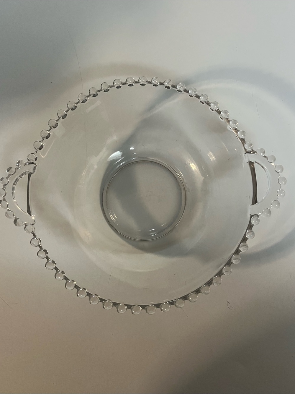 Vintage Clear Glass Beaded Rim Handled Serving Bowl Candlewick Style 10” MCM